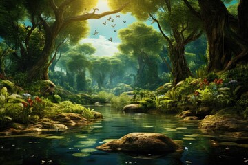 Poster - A Majestic River Painting Framed by Towering Trees in a Picturesque Landscape, Sustainability net zero carbon negative forest nature Biodiversity Diversity, AI Generated