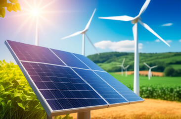 Solar panels and wind generators against the backdrop of nature, environmentally friendly types of energy