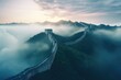 Aerial View of the Great Wall of China, Ancient Wonder Spanning Thousand Miles, The Great Wall of China in the mist, lying long, surrealist view from drone photography, AI Generated