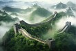 Aerial View of the Great Wall of China, An Iconic Wonder of Ancient Architecture, The Great Wall of China in the mist, lying long, surrealist view from drone photography, AI Generated