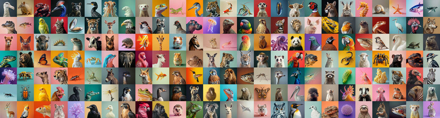 panorama of many different wild animal studio portraits