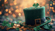 Enchanted Leprechaun Hat Amidst Clovers.
A mystical green leprechaun hat encircled by four-leaf clovers and gold coins, casting an enchanting glow.