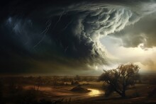 A Painting Depicting A Storm With Lightning In The Sky, Photo Illustration Of A Dramatic Storm Tornado Vortex In Nature, AI Generated
