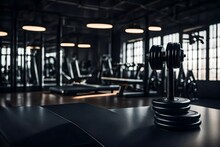 Black desk of free space for your decoration and blurred gym interior.Metal dumbbells and fit life