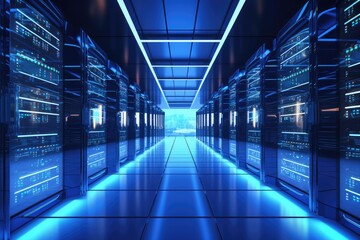 Poster - A view of a data center with multiple rows of servers illuminated by blue lights, Server room data center featuring rows of server hardware, 3D rendering, AI Generated