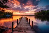 Fototapeta  - Dock Next to Body of Water, A Simple Structure for Docking Boats and Enjoying Lakeside Views, Small boat dock and a beautiful sunset landscape view with a huge lake, AI Generated