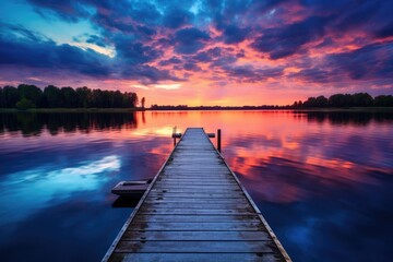 Poster - This image captures the serene presence of a dock sitting peacefully on the water, Small boat dock and a beautiful sunset landscape view with a huge lake, AI Generated