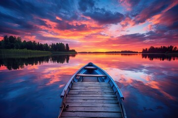 Sticker - A boat serenely floats on top of a lake, reflecting the colorful sky above, Small boat dock and a beautiful sunset landscape view with a huge lake, AI Generated