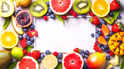 Wall Mural - Compose an enticing backdrop using potassium-rich fruits, incorporating a central white board for copy space