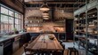 Industrial loft interior with brick walls, salvaged wood furniture, vintage lighting, and a kitchen featuring repurposed metal countertops and open shelving.