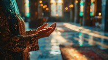 Young Muslim Woman Prayer Hijab Pray To God On Blur Mosque Background Concept For Eid Mubarak, Life And Soul Fasting Of International Islamic Ramadan Sunlight