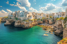 Aerial View Spectacular Spring Cityscape Of Polignano A Mare Town, Puglia Region, Italy