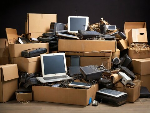 Clean your home recycle concept, cardboard boxes full of some electronic gadgets, phones, laptops, computers etc.