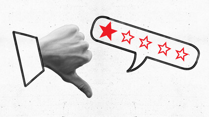 Contemporary art collage. Hand in black and white filter shows thumbs down, dislike. Speech bubble with one red star. Disapproving, bad review. Concept of business, customer service, support. Ad