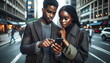 © dobok - african young couple use mobile phone on city street