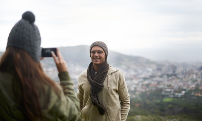 Poster - Happy man, couple and phone photo of nature on hiking memory, trekking adventure or journey on mountain trip. Cellphone, travel photography and outdoor people post profile picture to social media app