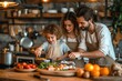 © sirisakboakaew - The Caucasian family Make breakfast with the air fryer together. At home, father, mother, daughter, and son cook together