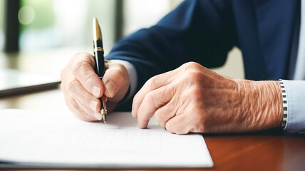 Senior man write at the table. Elderly man signatures document close up. 
