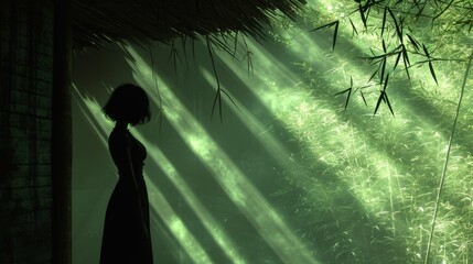 Sticker - A woman standing in a dark room with sunlight shining through the trees, AI