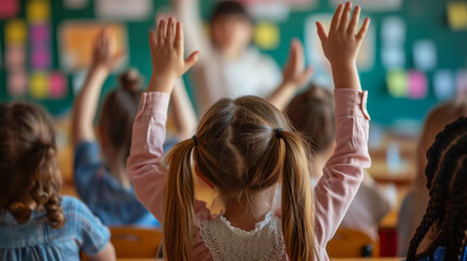 Poster - classroom scene with students raising their hands to answer a question or participate in the lesson