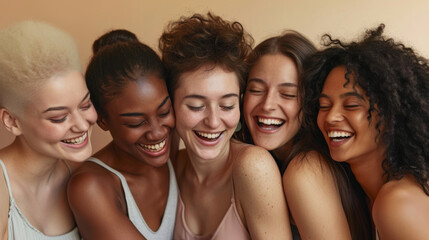 Sticker - diverse group of five joyful young women are tightly huddled together