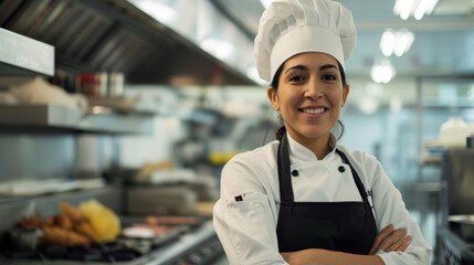 Sticker - smiling woman dressed in a chef's uniform with a white hat and apron stands confidently in a professional kitchen