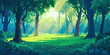 anime cartoon style woodland forest background banner, beautiful woods, generated ai
