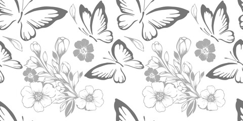 Wall Mural - A seamless background with grey butterflies and flowers. hand drawing. Not AI, Vintage background. Vector illustration