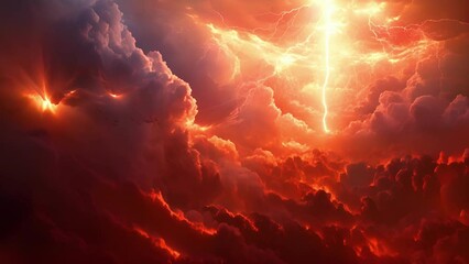 Wall Mural - An epic battle between two opposing armies of angels and demons rages across a vast fiery landscape the skies illuminated by bolts of holy light and flashes of dark magic.