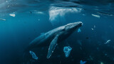a blue whale in a polluted sea