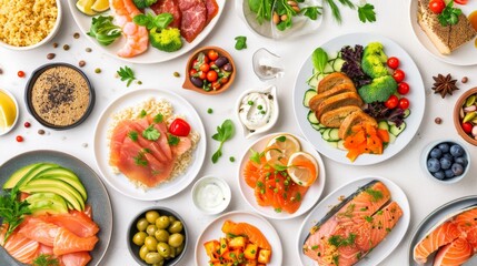 Various plates of food isolated on white background