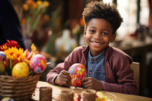 Little African American Boy Paint Easter Eggs At Home. Ai Generated