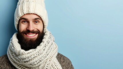 Wall Mural - Cheerful man wearing scarf and knitted hat, isolated on pastel background with copy space