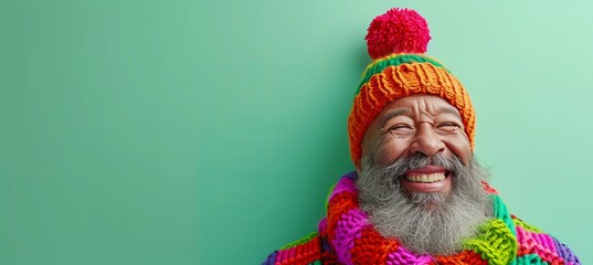 Wall Mural - Happy man in scarf and hat, looking away, isolated on pastel background with copy space