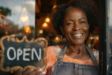 cheerful african middle aged woman small business owner with open sign