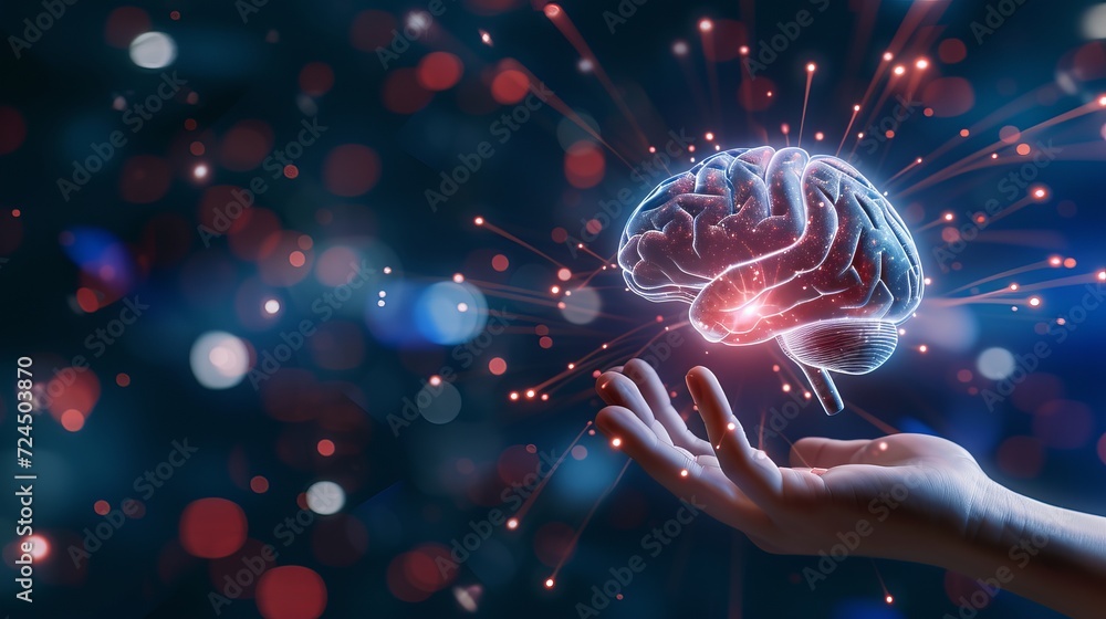Holographic human brain examination in mid air with hands holding for ...
