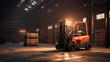 An orange forklift standing still, cast in the soft glow of dawn in a deserted depot