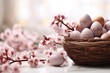 Chocolate eggs, spring flowers on light background. ai generated