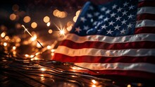 Bright Sparkler Burning Against The Backdrop Of An American Flag, Evoking Patriotic Celebration