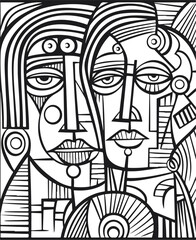 Wall Mural - Abstract art vector outline illustration of couple, man and woman portrait. Black and white coloring page of human faces.