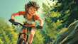 A spirited teenage cyclist with short brown hair and intense green eyes fearlessly conquers a challenging mountain trail on her trusty mountain bike, showcasing her determination and love fo
