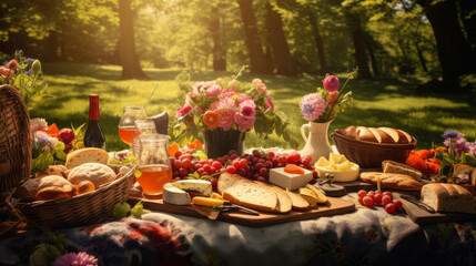 Picnic in the park with fruit, bread, wine and flowers