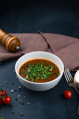 Sticker - Georgian beef kharcho soup with herbs in plate.