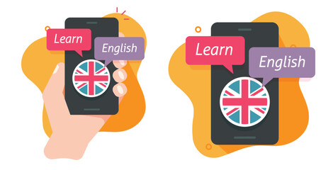 Wall Mural - English language learning course on cell phone icon vector flat graphic illustration set, study education school on cellphone smartphone app online tech, mobile internet digital technology image
