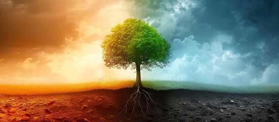 Poster - Tree under dramatic sky symbolizing climate change and nature resilience. Solitary oak in desert landscape clear dawn light. Green leaves meet arid land stark contrast of life and drought spring