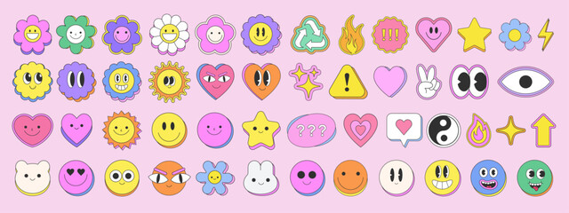 Aufkleber - Cute Funky Emoticon Funny Characters. Trendy Y2k Smile Emoji Stickers. Groovy Happy Faces Vector Elements.