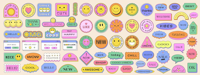 Poster - Cool Y2k Stickers Pack Vector Design. Pop Art Graphic Elements. Smile Retro Vaporwave Patches Geometric Design.