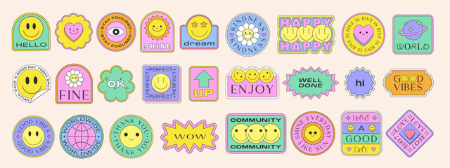 Poster - Cool Y2k Stickers Pack Vector Design. Pop Art Graphic Elements. Smile Retro Vaporwave Patches Geometric Design.