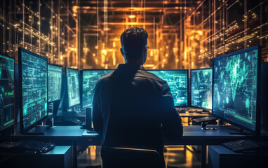 Cybersecurity professional working inside a high-tech server room with immersive interface graphics and data encryption visualizations in a modern network operations center