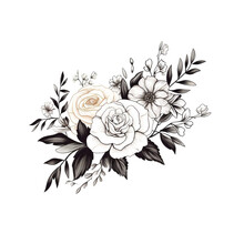 Hand Drawn Bunch With Rose Flowers And Small Gypsophila Isolated On White Background. Pencil Drawing Monochrome Elegant Floral Composition In Vintage Style, T-shirt, Tattoo Design.